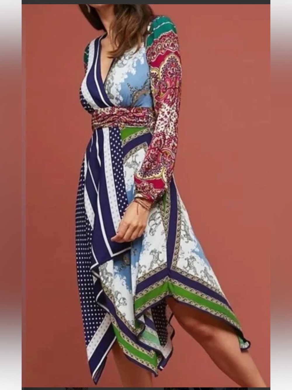 Anthropologie Mixed-Print Asymmetrical Dress in Navy, Light Blue, Green and Pink